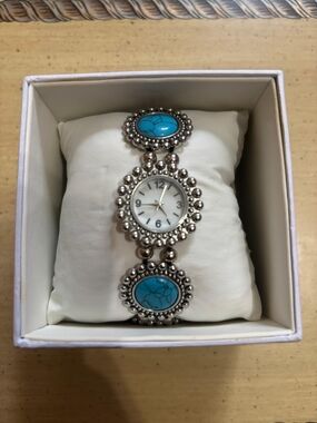 Silver-Tone Turquoise Accent Women's Bracelet Watch